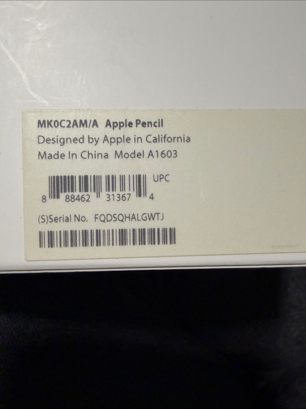 Apple Pencil White Label Box with Model A1603 Text Used